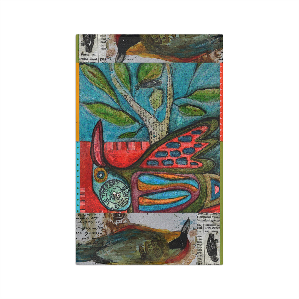 Colorful Folk Art Bird Tea Towel — Vibrant Mixed-Media Kitchen Towel